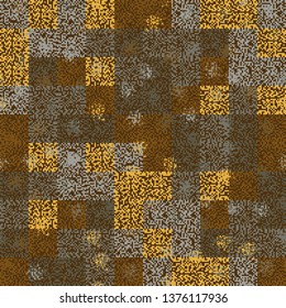 Seamless pattern. Golden autumn. Rows of square fragments of pixel camouflage. Editable.
