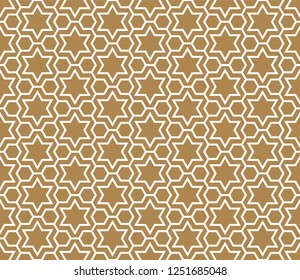 Seamless pattern in golden background and white pattern in average thickness lines.The six-pointed stars and hexagons.