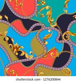 Seamless pattern with golden baroque elements and vivid backround. 