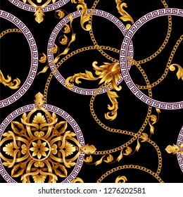 Seamless pattern with golden baroque elements and black backroun