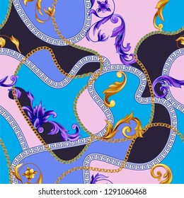 Seamless pattern with golden baroque elements and vivid backroun