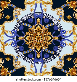 Seamless pattern with golden baroque elements, chain and belts.