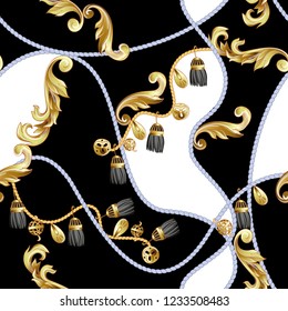 Seamless pattern with golden baroque and knotting elements. 