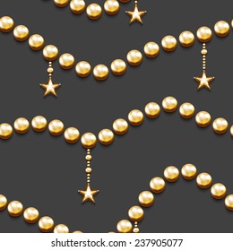 Seamless pattern with golden beads and stars. Holiday background. Christmas texture. Jewelry poster.