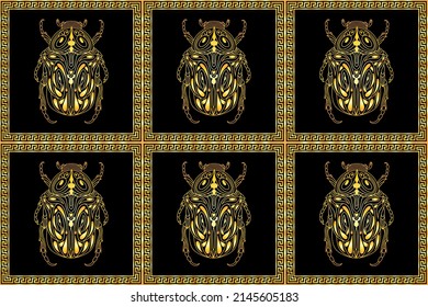 Seamless pattern with golden beetles in a rectangular ornament in the Greek style. Golden pattern with beetles. Vector illustration