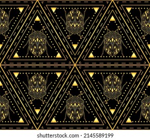 Seamless pattern with golden beetles in a triangular ornament. Bohemian golden pattern with bugs. Vector illustration