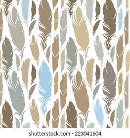Seamless pattern with golden, beige, pale blue feathers on white background