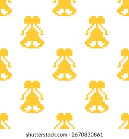 Patrón sin fisuras de campanas de oro, perfecto para diseños festivos. Cada campana se representa en un estilo pixelado, añadiendo un toque de encanto retro