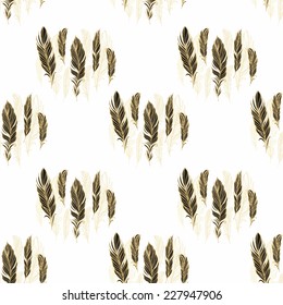 Seamless pattern with golden - black feathers on white background