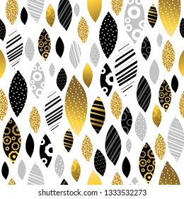 Nahtloses Muster mit goldenem und schwarzem glitzerndem Dekor. Wiederholbares Muster. Wiederholbares geometrisches Design. Kann für Stoff, Schrottbuchung, Tapete, Web-Hintergrund, Vektorgrafik verwendet werden
