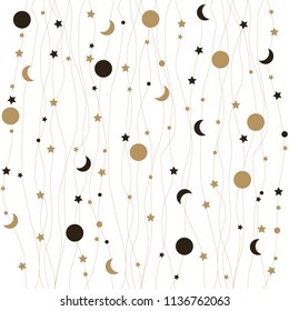 A seamless pattern with golden and black stars, months and planets. Night sky cartoon star and moon.