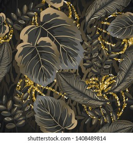 Seamless pattern of golden, black tropical leaves and stripes of a tiger, zebra.