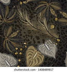 Seamless pattern of golden, black tropical leaves and spotted panthers, jaguars.