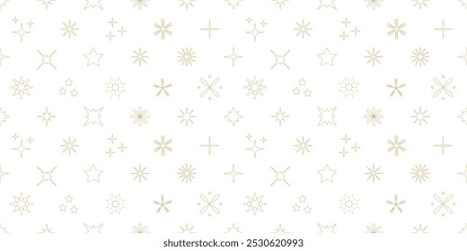 Seamless pattern with golden Blinking stars, sparks and sparkles. Christmas, birthday design in luxury color on white background. Trendy modern vector repeat illustration. Cute hand drawn flat design
