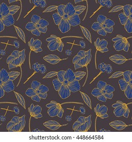 Seamless pattern with golden and blue ornamental flowers. Monochrome background: Floral Texture, Decorative roses, peony, abstract elements. Hand drawn vector illustration.