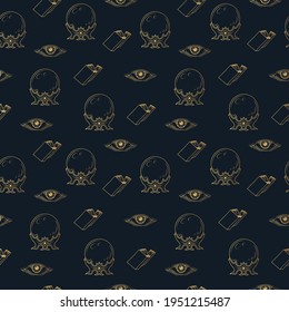 Nahtloses Muster mit goldenem boho bösen Auge, Kristallkugel und heidnischem Buch. Hexenkraft-Hintergrund. Vektorgrafik einzeln auf Golden.