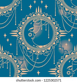 Seamless pattern with golden boho style moons with faces and jewels on night background, vector illustration