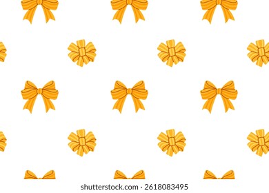 Seamless pattern with golden bows and round rosettes on white background