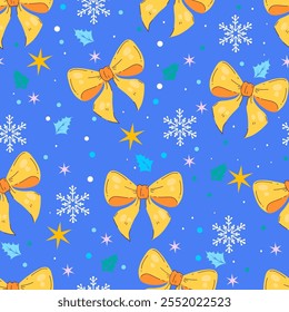 Seamless Pattern with Golden Bows, Snowflakes, and Holly on a Blue Background. Holiday repeatable design perfect for print, wrapping paper, textiles. 