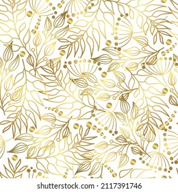 Seamless pattern of golden branches on a white background. Branches with leaves in linear art and dots. Abstract plant art design. Elegant vector print for your design.