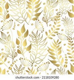 Nahtloses Muster goldener Äste auf weißem Hintergrund. Zweige mit Blättern, Blumen und Punkten. Abstraktes Pflanzendesign. Eleganter Vektordruck für Ihr Design.