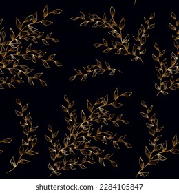 Seamless pattern with golden branches of plants on a dark background. Stylized plant elements with leaves, branches. Vector floral illustration with hand drawn golden element