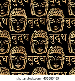 seamless pattern of golden Buddha head and the inscription on the language of Nepal - Buddha on a black background