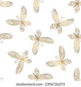 Seamless pattern with golden butterflies on white background. Vector print. Butterfly print