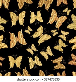 Seamless pattern with golden butterflies on black background. Vector decorative illustration