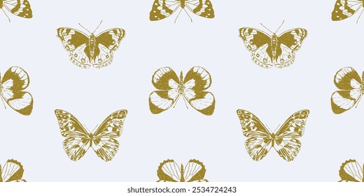 Seamless pattern of golden butterflies silhouettes, vector background,wallpaper, textile, paper, fabric