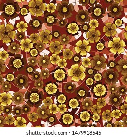 Seamless pattern. Golden carnation flowers on the background of copper leaves. Random arrangement of elements.