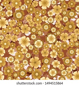 Seamless pattern. Golden carnation flowers on the background of copper leaves. Random arrangement of elements.