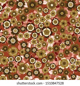 Seamless pattern. Golden carnation flowers on the background of copper leaves. Random arrangement of elements.