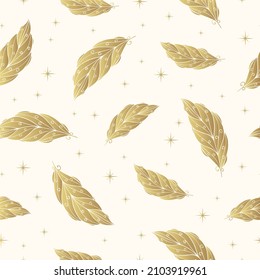 Seamless pattern with golden celestial boho feathers and leaves. Festive texture. Vector flourish background for wrapping paper or textile.
