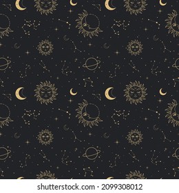 Seamless pattern with golden celestial stellar symbols for print, fabric, background. Mystical planet line art, crescent moon, sun, stars. Astrology hand-drawn elements. Vector illustration.