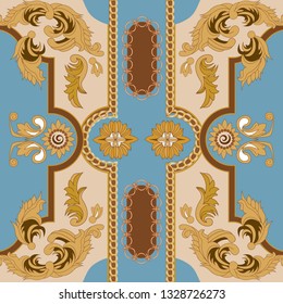Seamless pattern with golden chain and baroque leaves. Vector patch for scarfs, print, fabric.Belts,metallic accessories and jewelry.Italian motifs. Straps.Realistic vector.Blue background