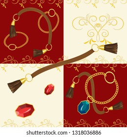 Seamless pattern with with golden chain, gemstone and belt, baroque style