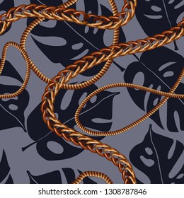 Seamless pattern with golden chain and leaves.