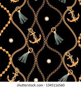 Seamless pattern with golden chain, tassels and anchor. Marine motifs background. Trendy print for textile, wrapping paper, scarf, web background. Vector illustration on black background.