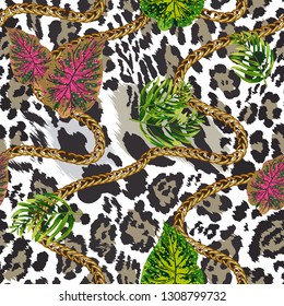 Seamless pattern with golden chain, tropical leaves and jaguar skin.