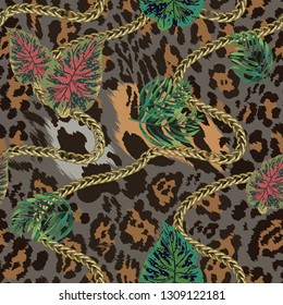Seamless pattern with golden chain, tropical leaves and jaguar skin.