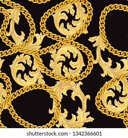 Seamless pattern with golden chain and vintage baroque ornament.