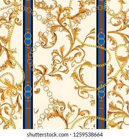 Seamless pattern with golden chains and baroque leaves. Vector patch for scarfs, print, fabric.