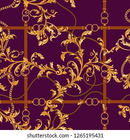 Seamless pattern with golden chains, belts and baroque leaves. Vector baroque patch for scarfs, print, fabric.