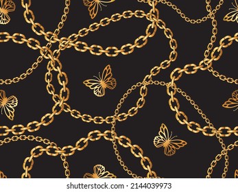 Seamless Pattern of Golden Chains and Butterflies, Vector Design for Fashion and Poster Prints