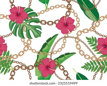 Seamless pattern of golden chains, cute tropical flowers and leaves, vector design for fashion, cover, wallpaper, background prints