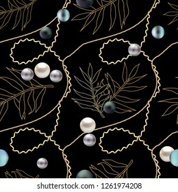 Seamless pattern with golden chains, leaves and pearls