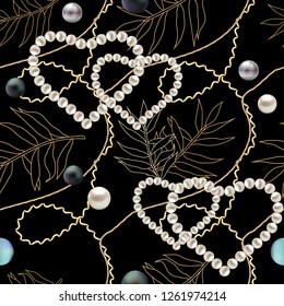 Seamless pattern with golden chains, leaves and pearls in the form of a heart.