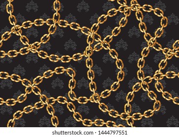 Seamless Pattern of Golden Chains on Baroque Background, Vector Design