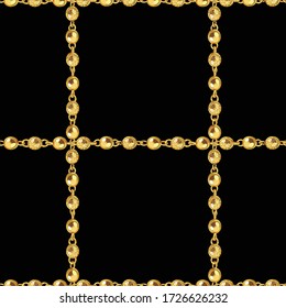 Seamless pattern of golden chains on black background. Repeat design ready for decor, fabric, prints, textile.